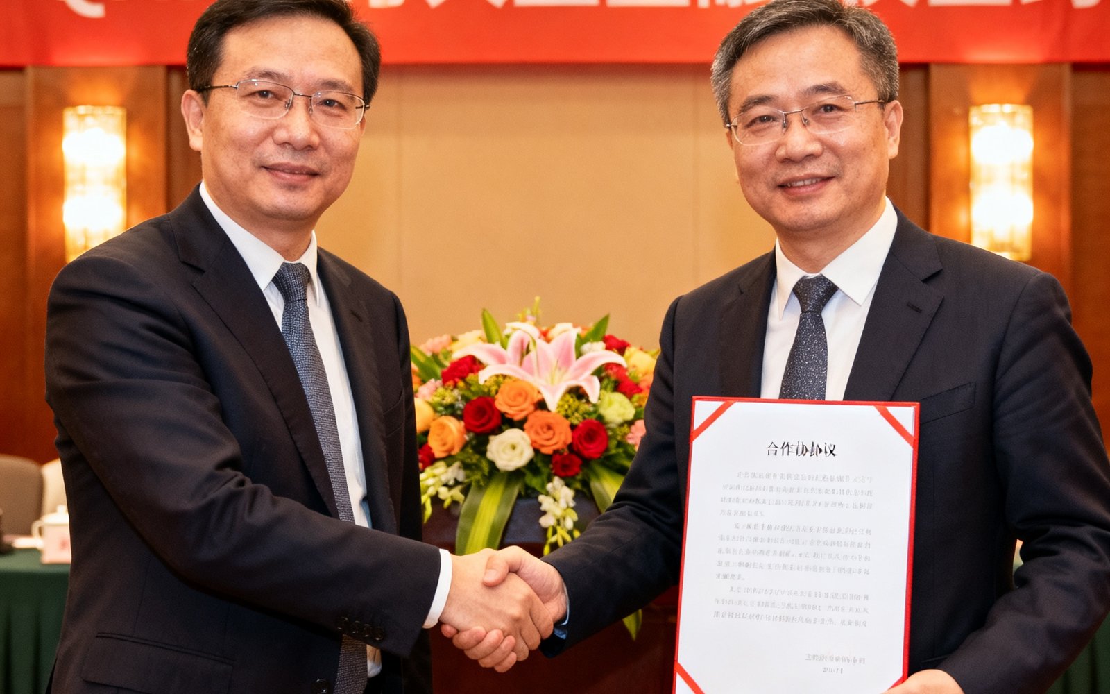 QMH与某大型金融机构签约仪式现场，双方代表握手并展示合作框架协议